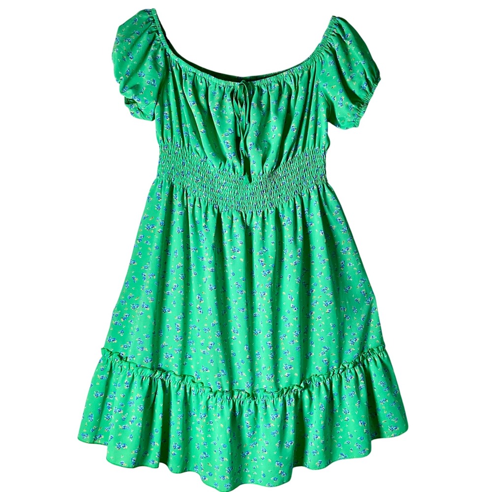 Green Floral Smocked Waist Puff Sleeve Cottagecore Mini Dress 6 Milkmaid Prairie